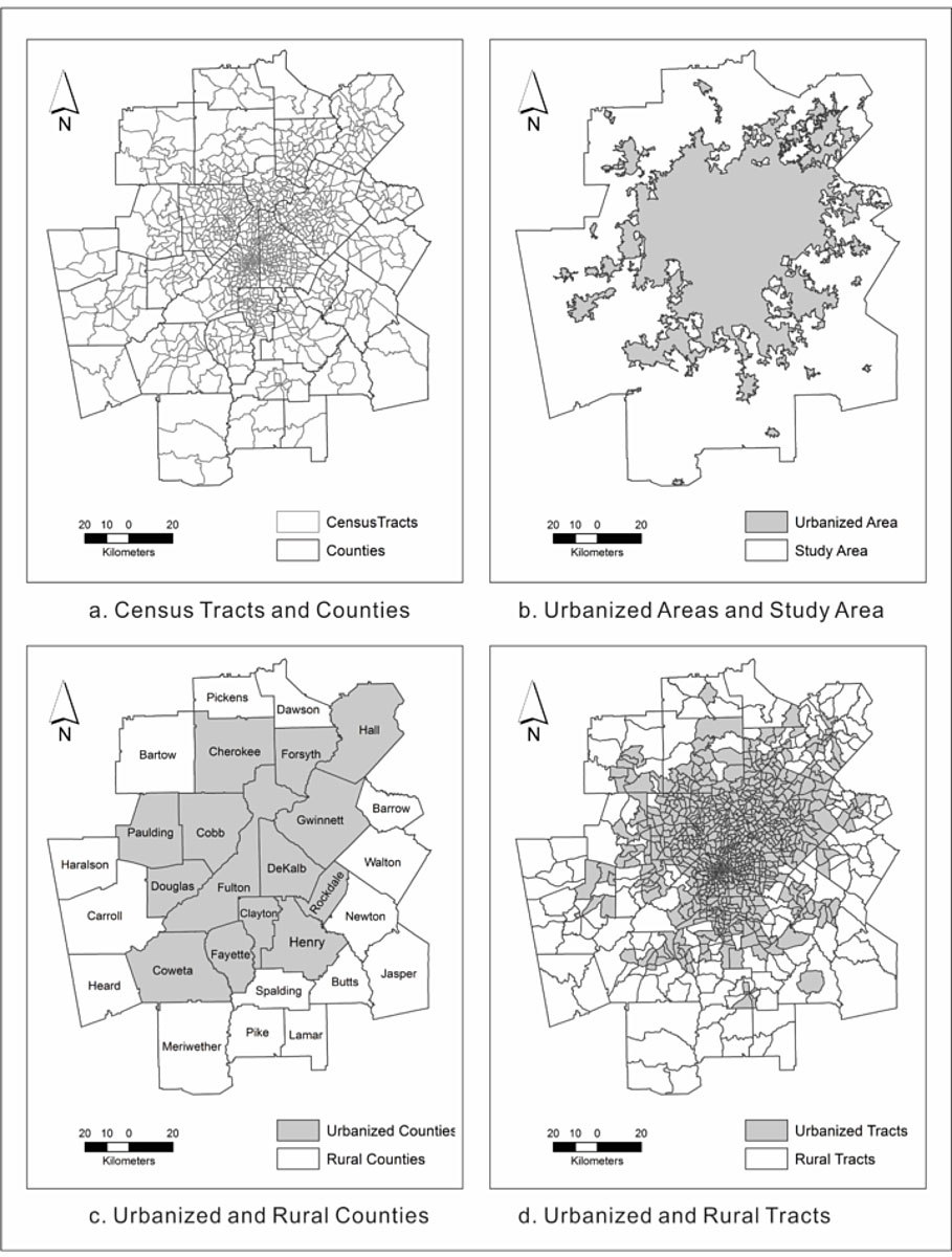 Upper left-hand map showing Census Tracts and Counties, Upper right-hand map showing Urbanized Areas and Study Area, Lower left-hand map showing Urbanized and Rural Counties and Lower right-hand map showing Urbanized and Rural Tracts