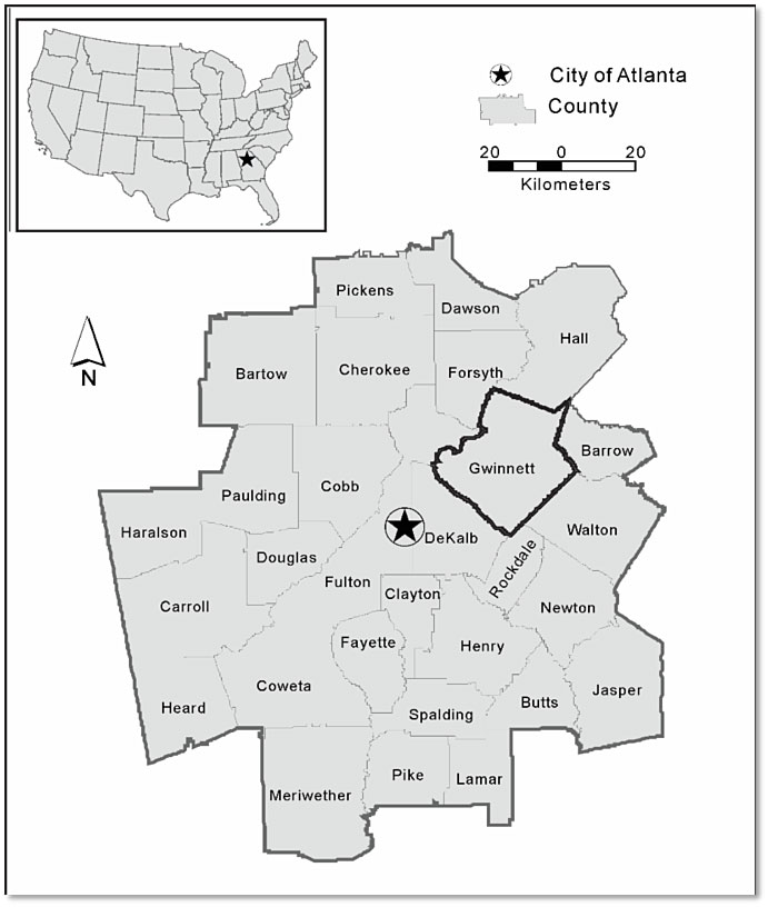 Map area consists of the 28-county Atlanta-Sandy Spring-Marietta Metropolitan Statistical Area and a northeastern adjacent county, Hall County.