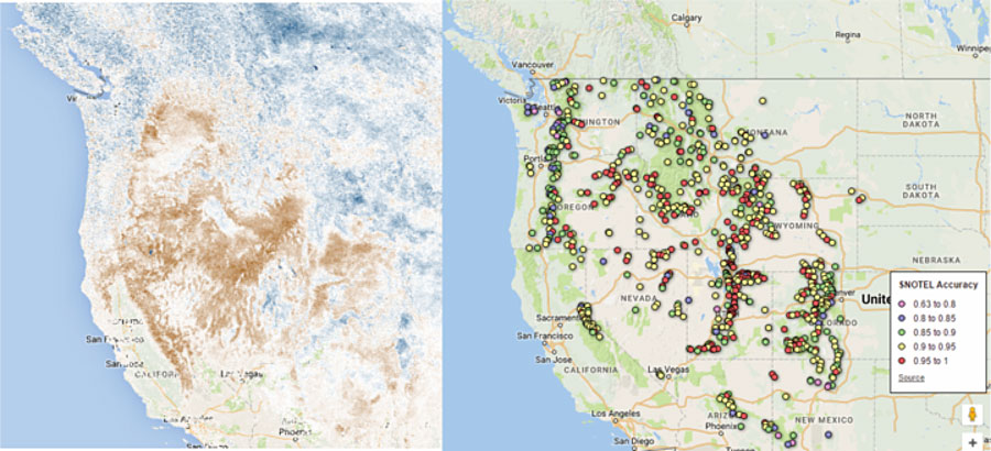 Map on the left shows snow covered datasets. Map on right 3 million potential points of the datasets.