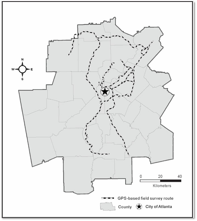 Map boundary of 29 counties and the location of the city of Atlanta showing a total length of more than 850 kilometers