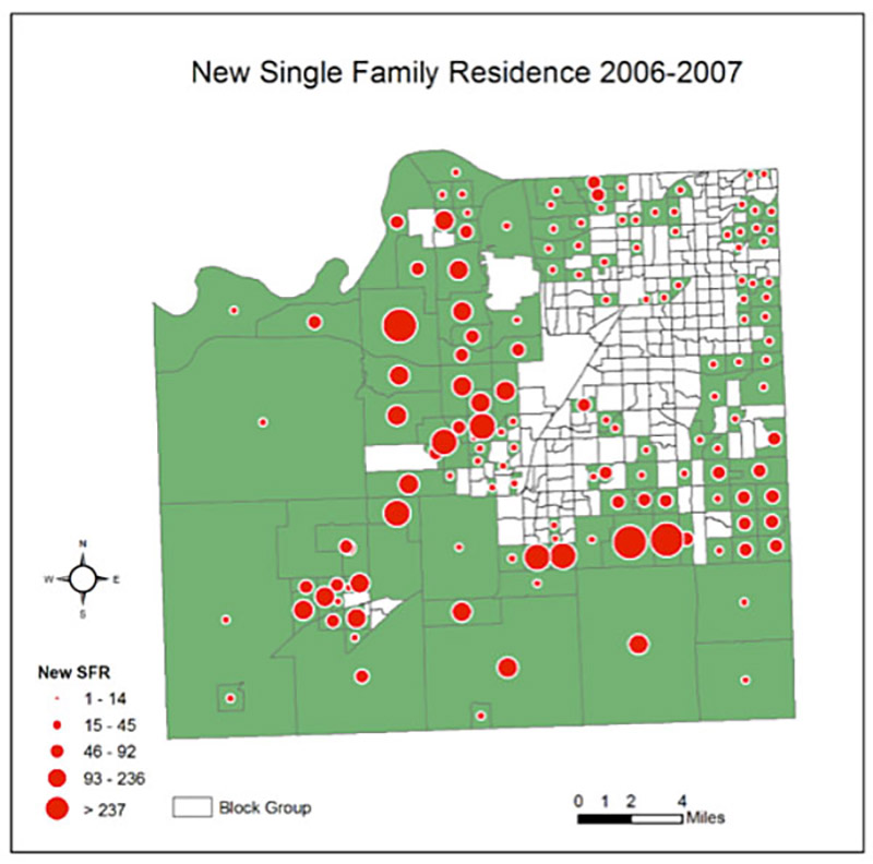Several red dots on the map inidicate the number of new single family homes