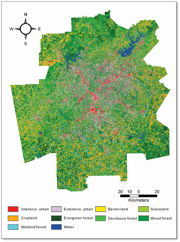 Map shows mainly light green indicating grassland, medium green indicating deciduous forest, a small amount of dark green indicating mixed forest and an even smaller amount of red indicating intensive urban