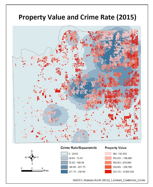 Crime rate shown in blue majority in upper right hand corner of map. Property value speckled in red sporatically displayed on map